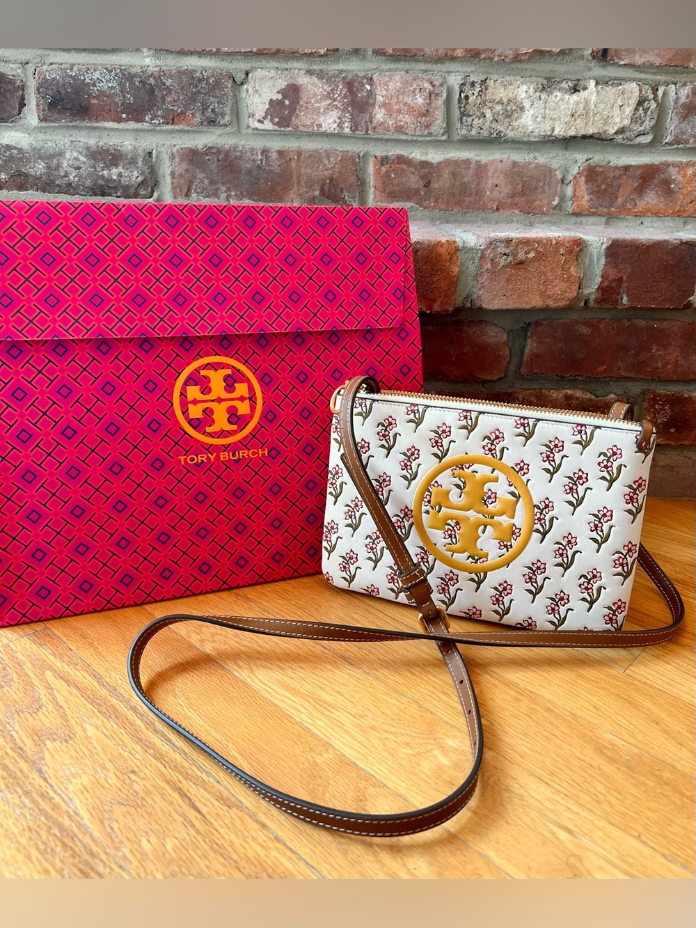 Tory Burch Ditsy Floral Leather Perry Bombe Double Zip Reversible Mini Bag!